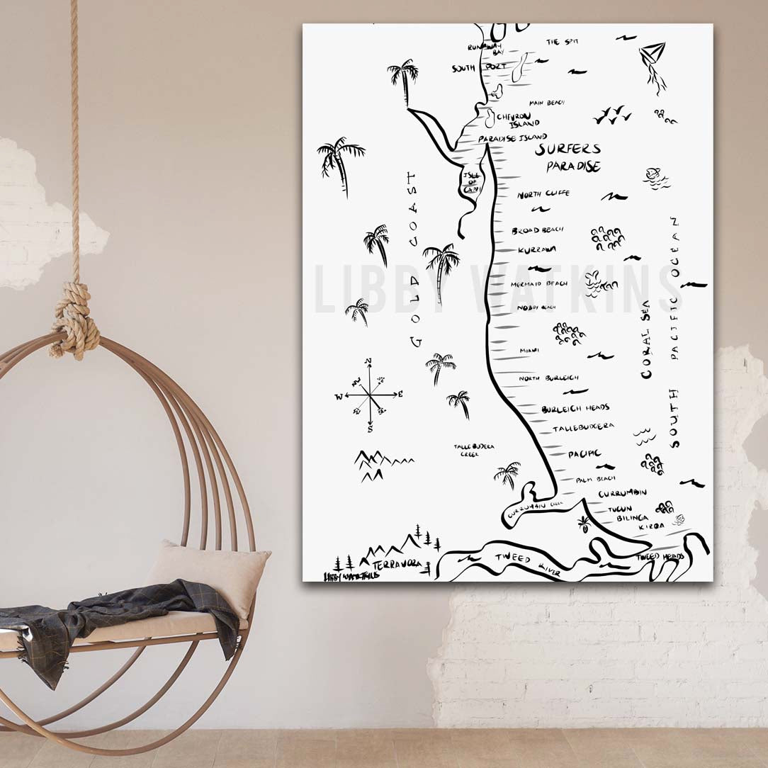 Gold Coast, East Coast, Australia Pirate Map Canvas Prints