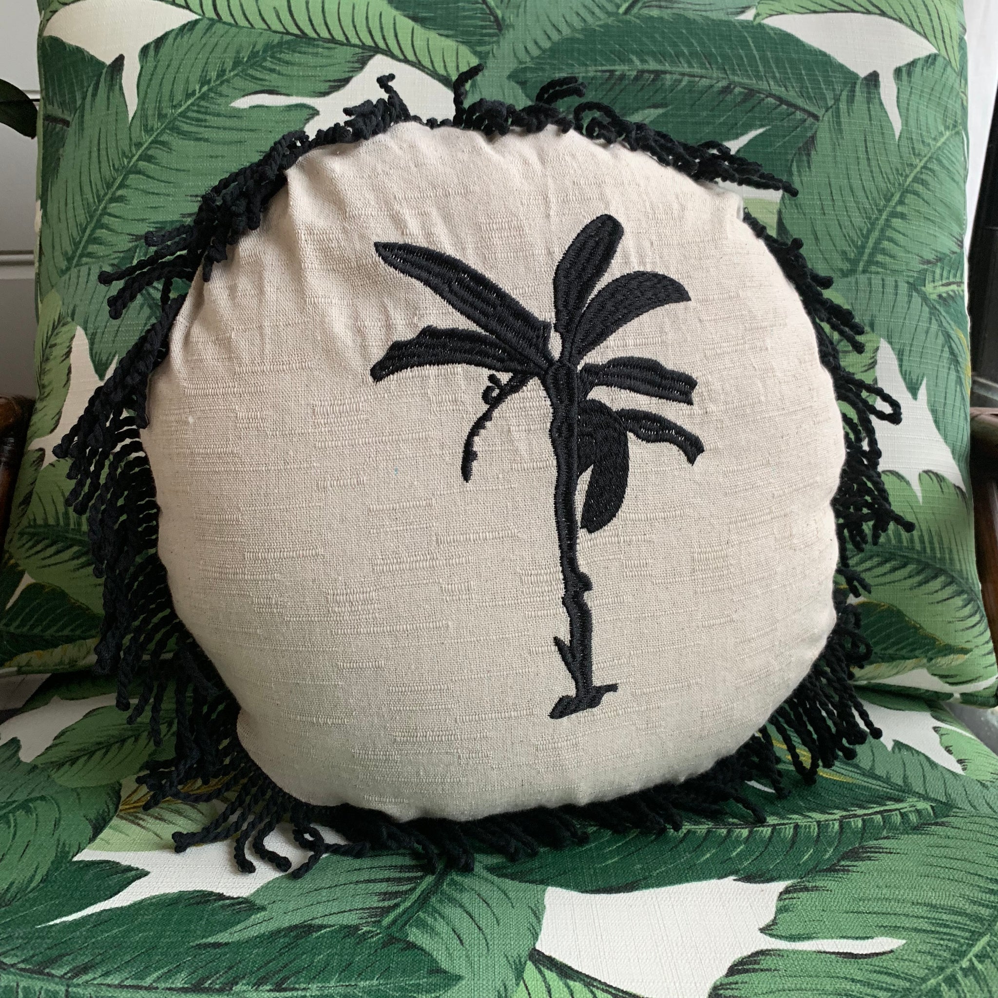 Round Fringed Embroidered Cushion in Banana Bungalow