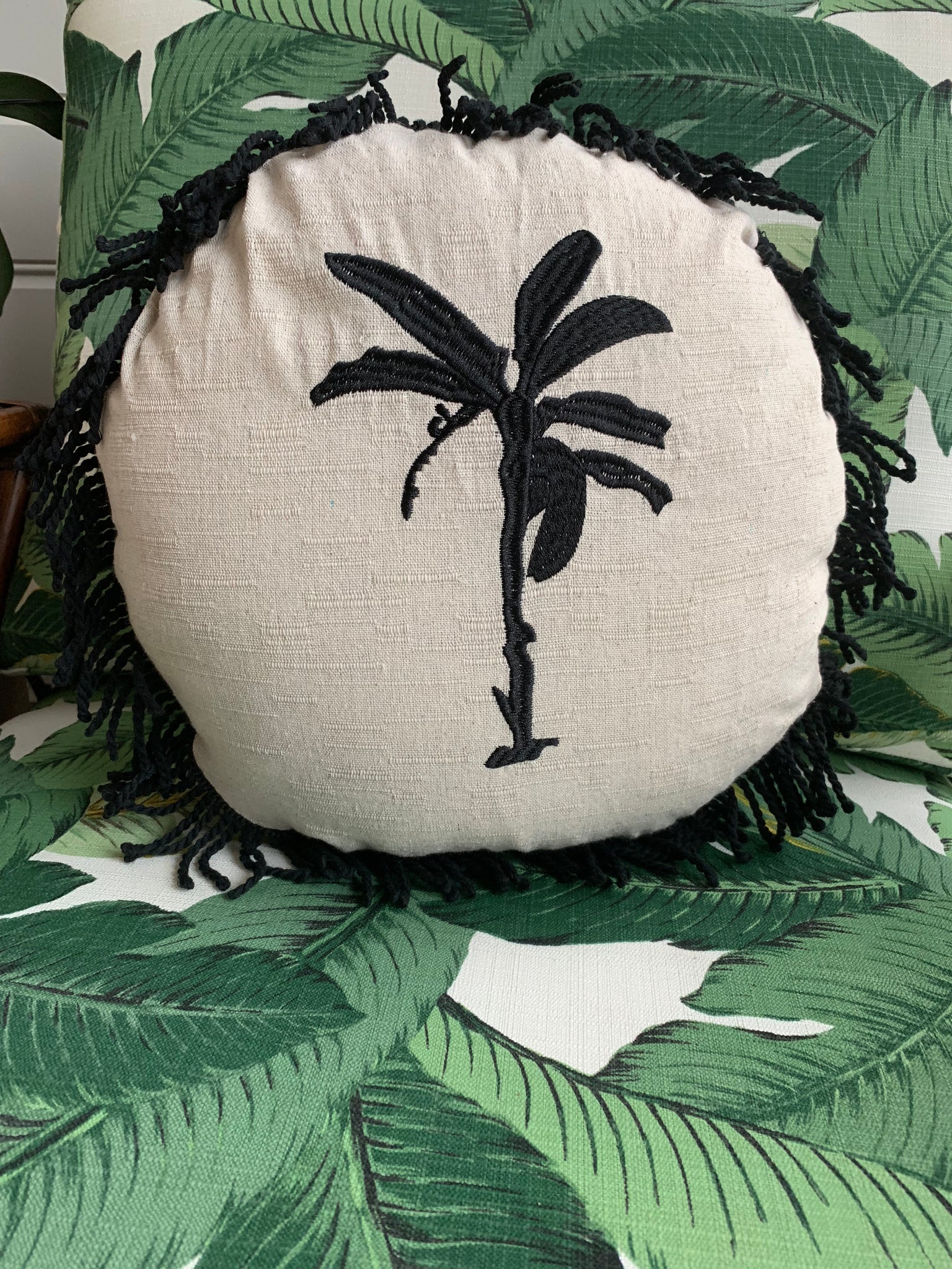 Round Fringed Embroidered Cushion in Banana Bungalow
