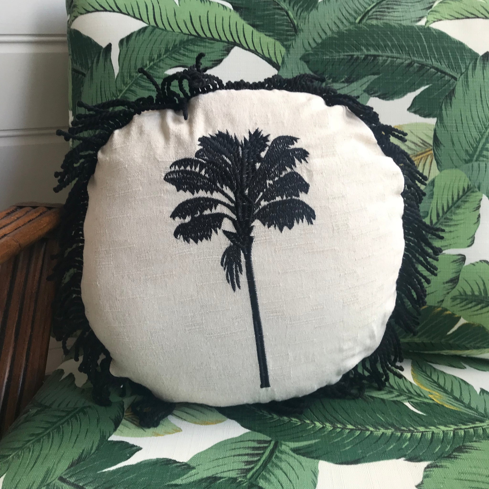 Round Fringed Embroidered Cushion in Coco Cabana