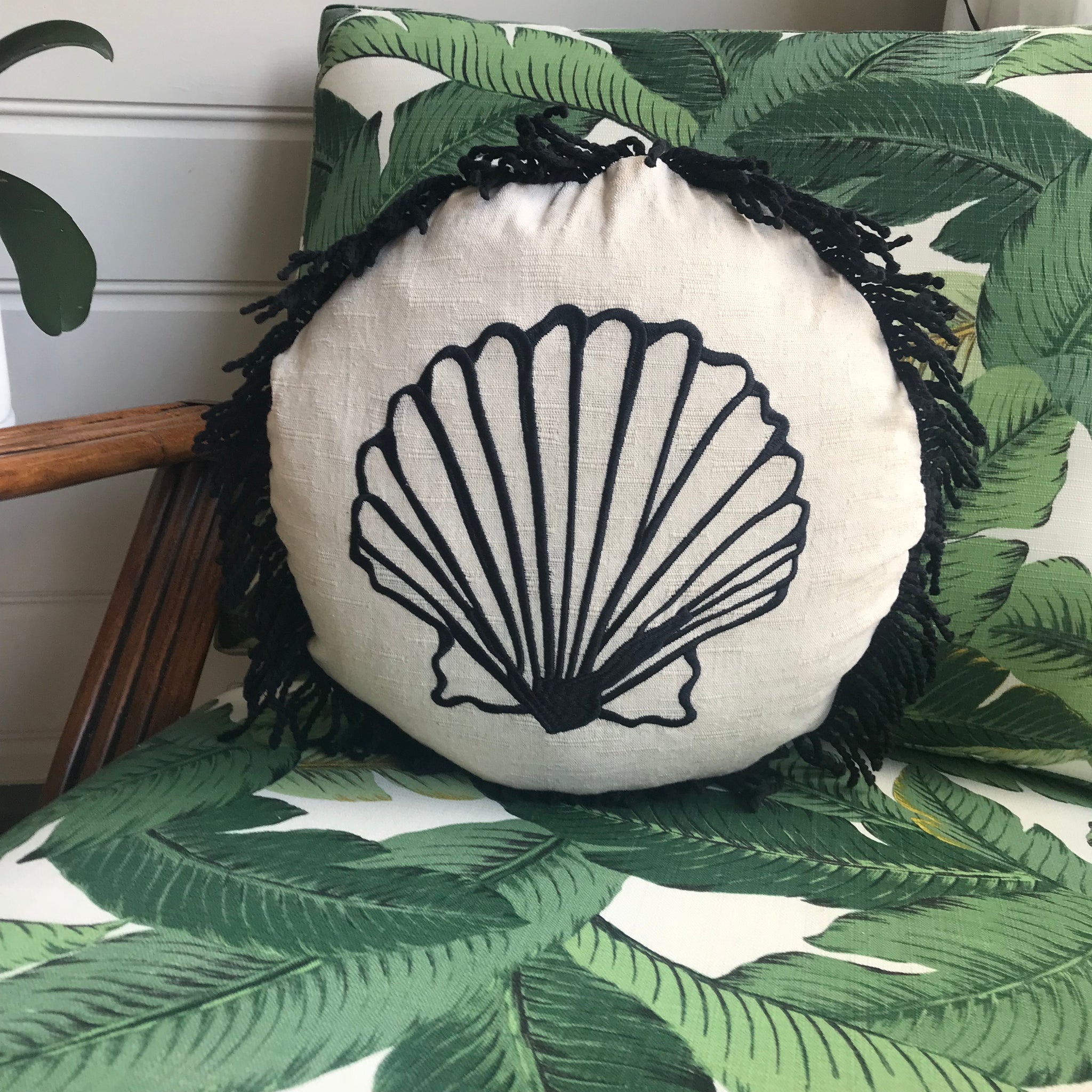 Round Fringed Embroidered Cushion in Clam