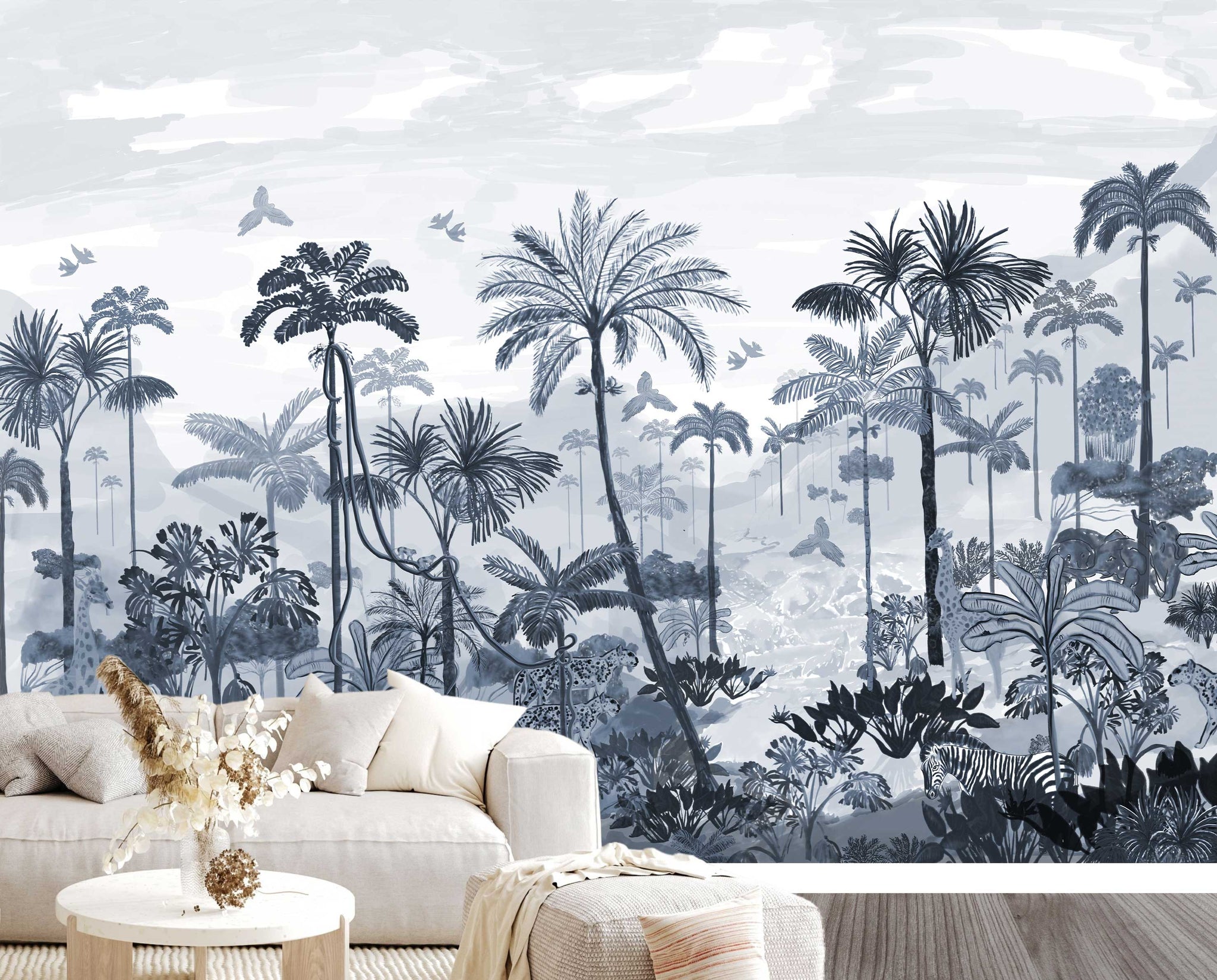 Tropical Jungle Paradiso In INDIGO Wallpaper