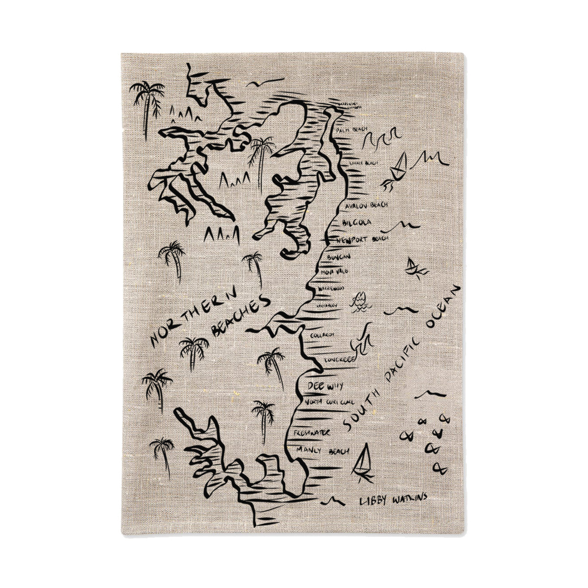 Northern Beaches Map Linen Tea Towel